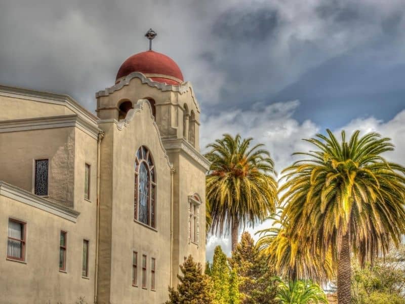 Church building with palms in downtown Sonoma