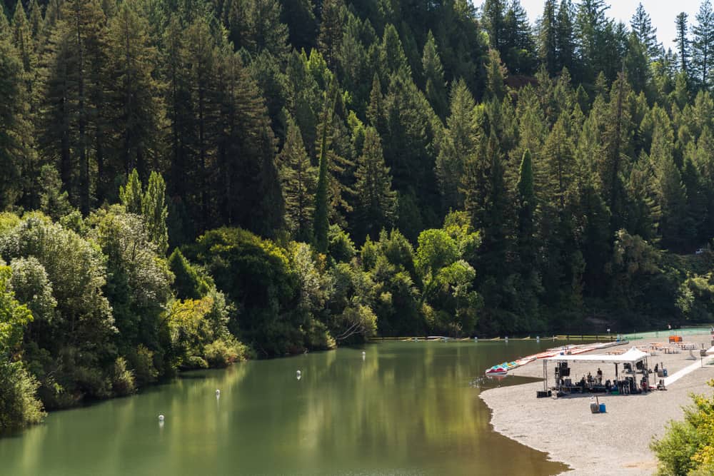 Banks of the Russian River with people and green trees