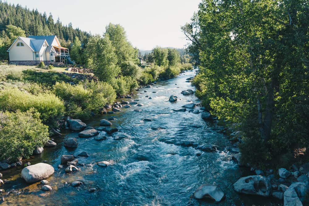 A flowing Truckee River with greenery on each side and a few cabins and houses bordering the river on an overcast day near Lake Tahoe