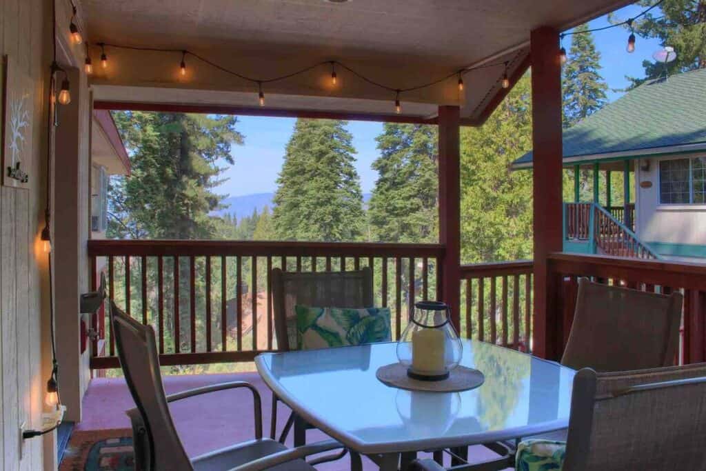 Patio with lighting and mountain views