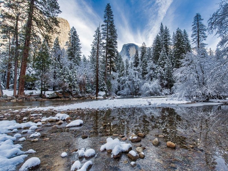 Yosemite Valley river with snowfall and trees covered in snow with granite landscape in background.