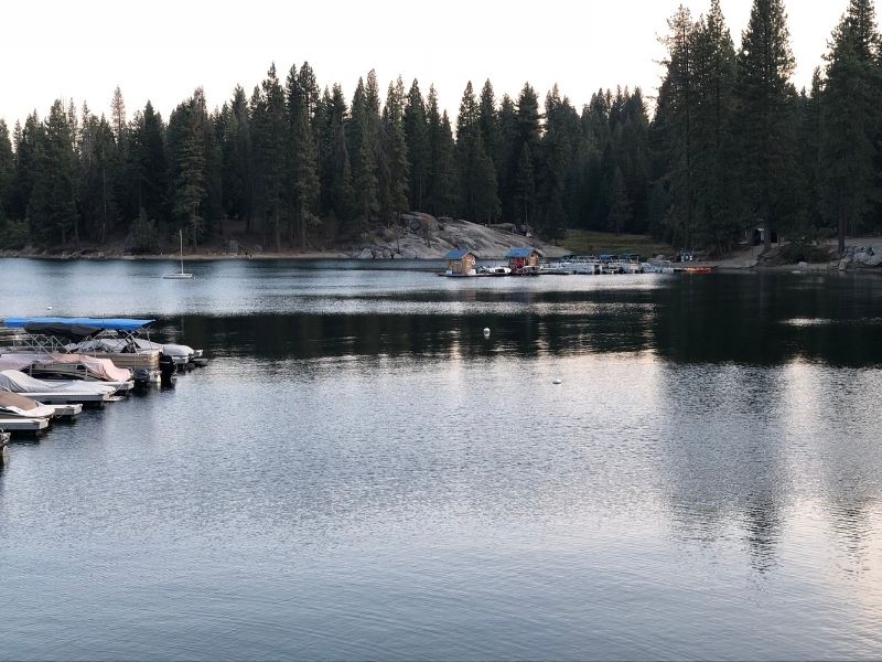 Smooth surface of calm lake with dark water and boats with pine trees in background and some cabins in distance.