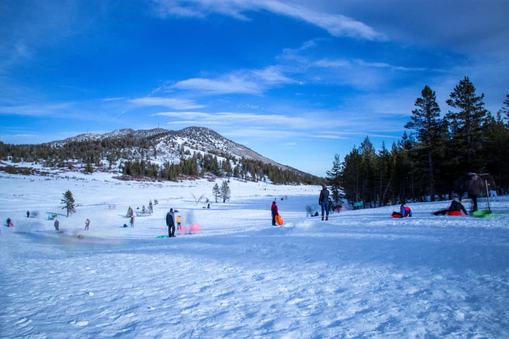 Lots of families out and about in the snow on a sunny day in winter in lake Tahoe enjoy sled rides