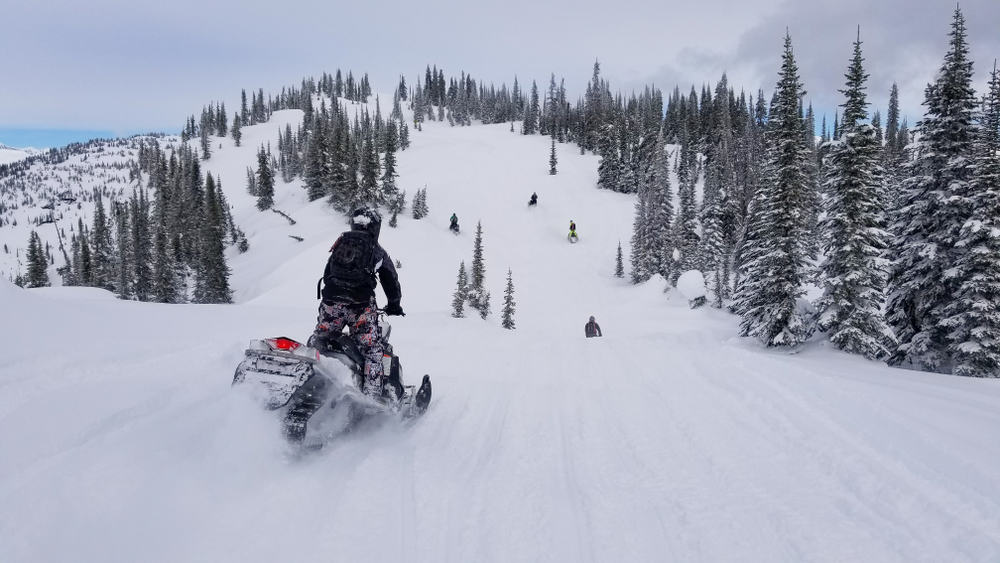 Man on snowmobile as it goes down a snowy slope with pine trees and cloudy sky.