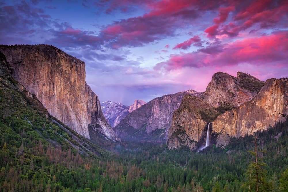 Beautiful purple and magenta sunset over the Yosemite Valley granite and pines with waterfall