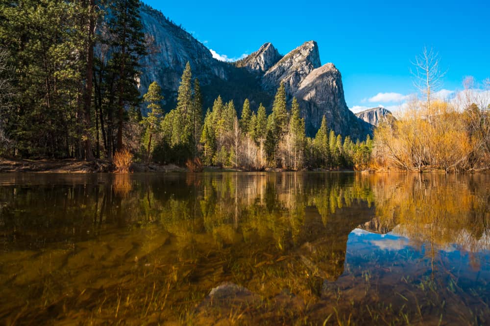 A mountain with three distinct peaks reflected in the water of a still river with yellow and green trees.