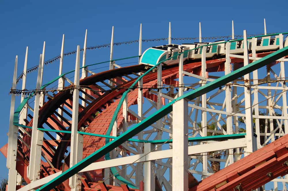 Close-up shot of roller coaster in Belmont Park, San Diego