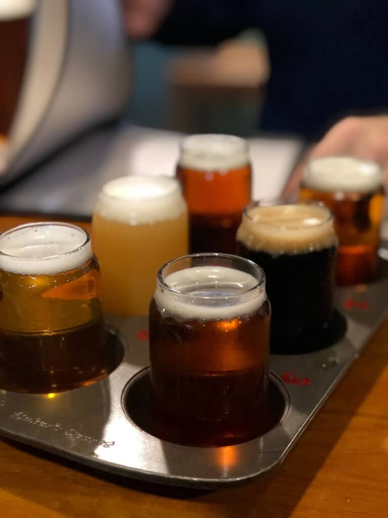 Six samples of craft beer which evoke a tasting flight