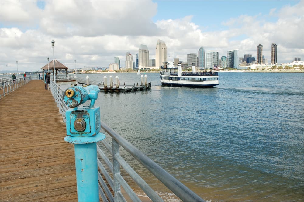 Sea with boats with skyline at ferry terminal with a turquoise viewing scope