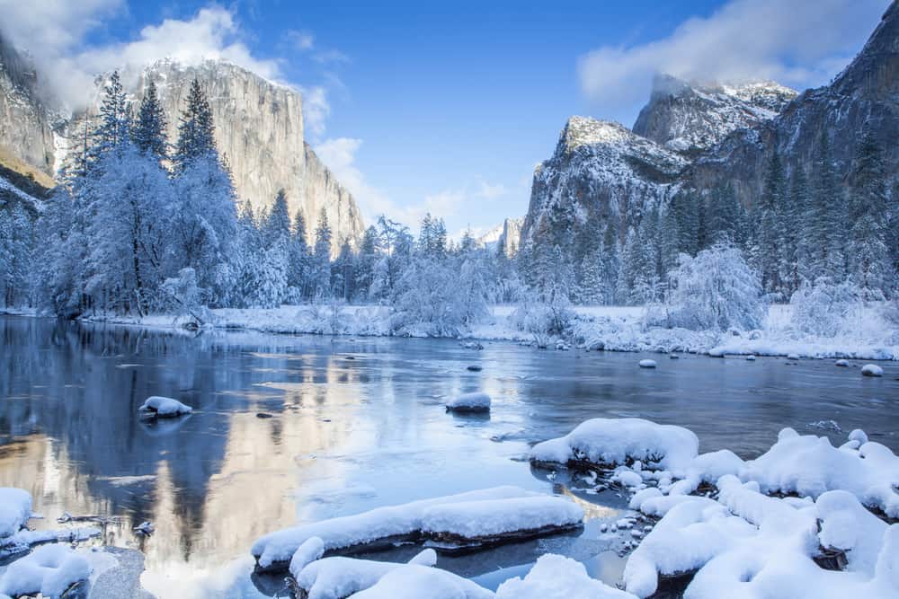 Snow on rocks in the foreground of Yosemite Valley with Merced River and views of snow-covered trees and granite rockforms with snow.