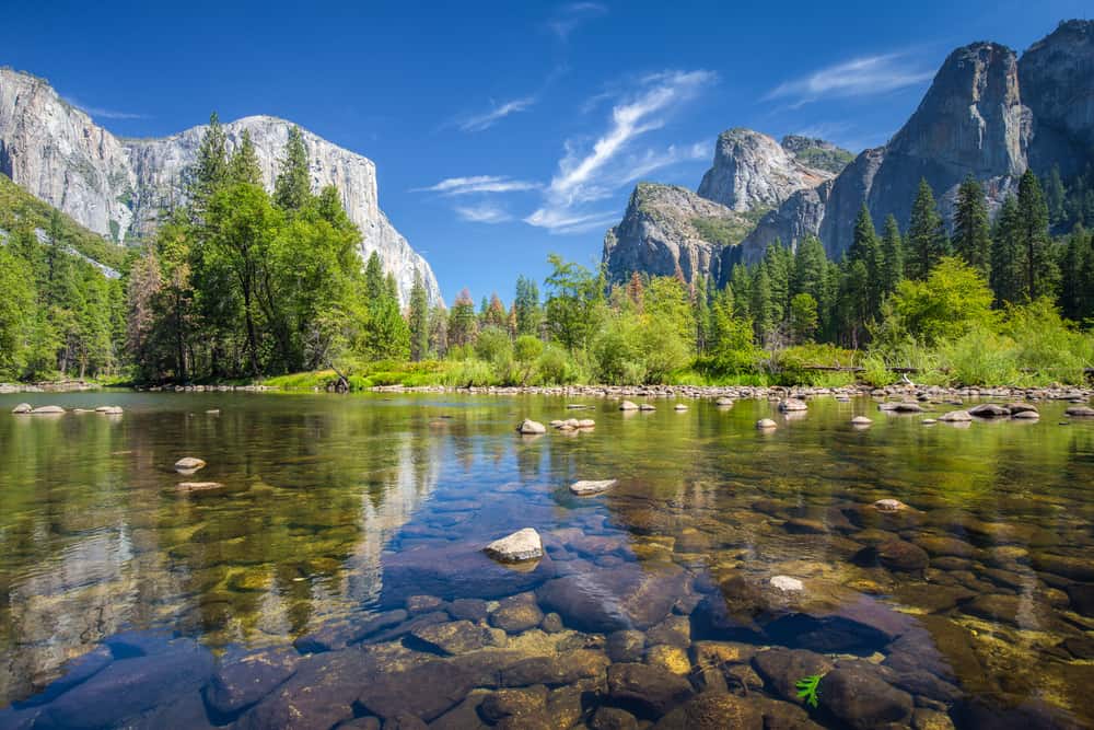 Clear, still water in foreground with rocks with Yosemite trees and landscape in background with blue sky.