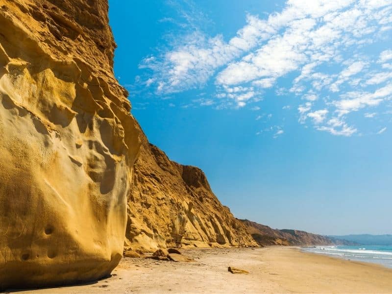 A low-angle shot of the cliffs surrounding Black's Beach in Torrey Pines, one of the most beautiful wild beaches in San Diego.