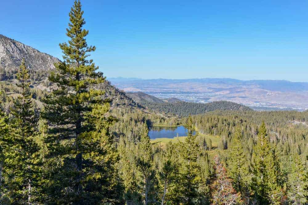 View of Tamarack Lake as seen from the Tahoe Rim Trail with lots of pines and smaller mountains and Reno Valley off in the distance.