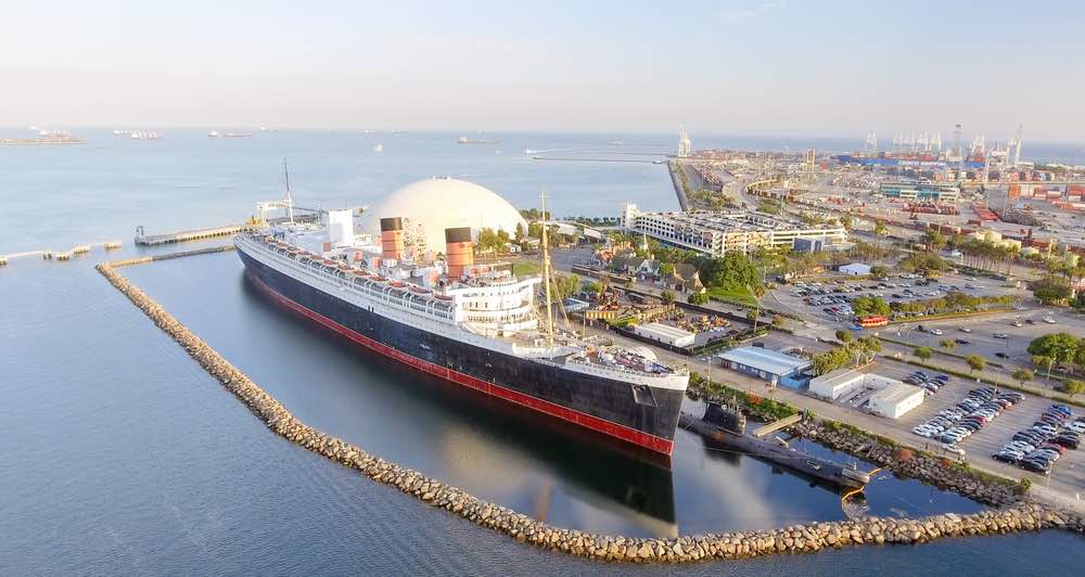 giant moored boat the queen mary in long beach california on the water in the marina