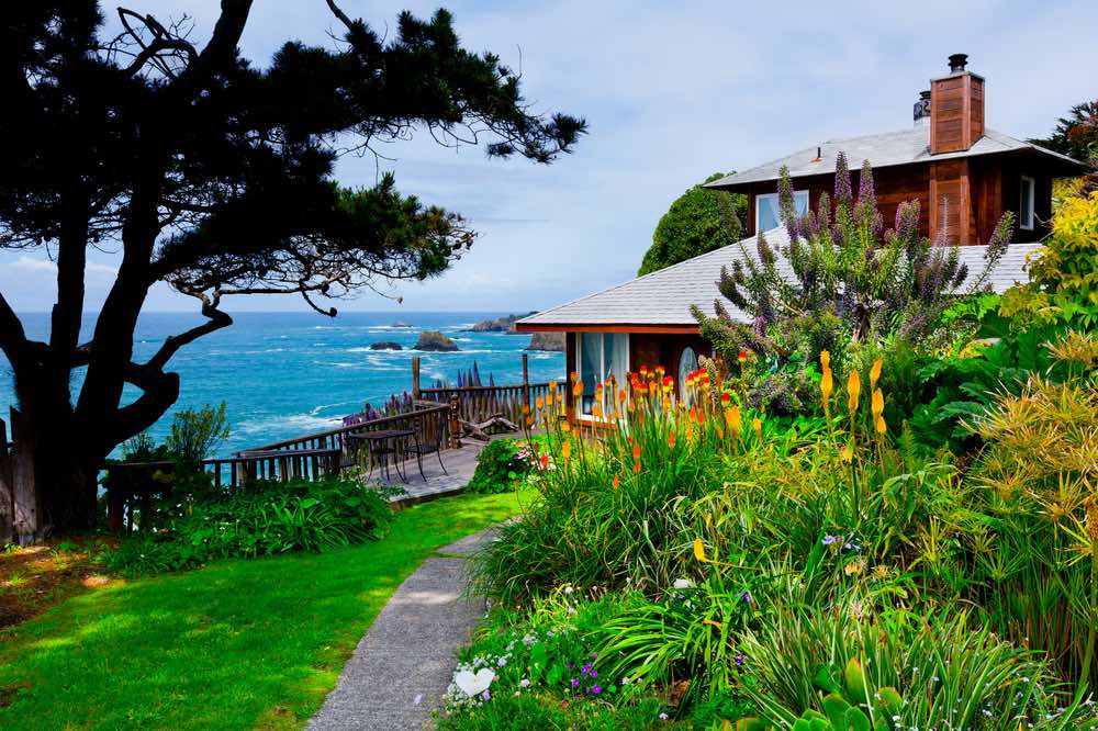 A picturesque cabin house in Mendocino with birds of paradise orange flowers overlooking a cliff with blue ocean beneath it