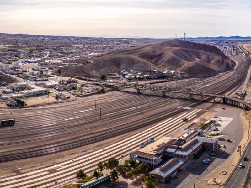 Aerial view of the railroad at Barstow, California, a waypoint on the Los Angeles to Las Vegas drive.