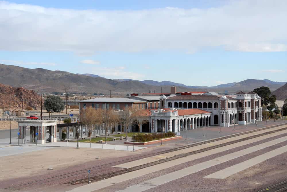 A view of a quiet railway station in good condition but with no one around to use it in the desert in Barstow California on the way between Los Angeles and Vegas