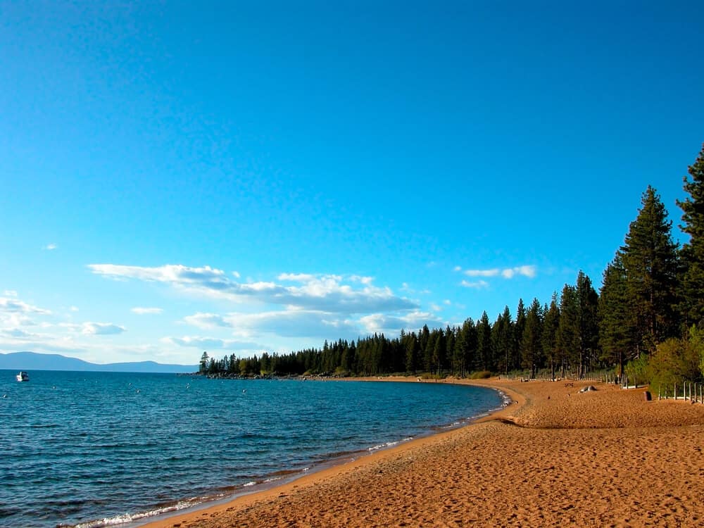 Sandy beach surrounded by pine trees at the pristine alpine Lake Tahoe, camping spots are located nearby.