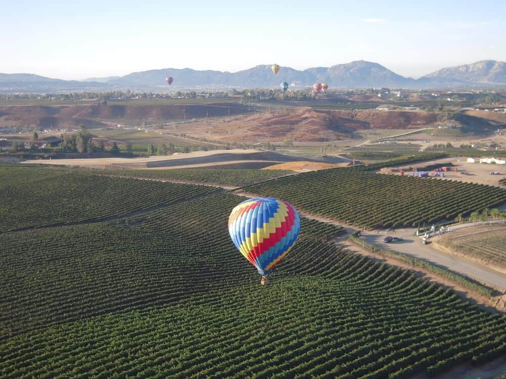 a hot air balloon rising over the vineyards of temecula california