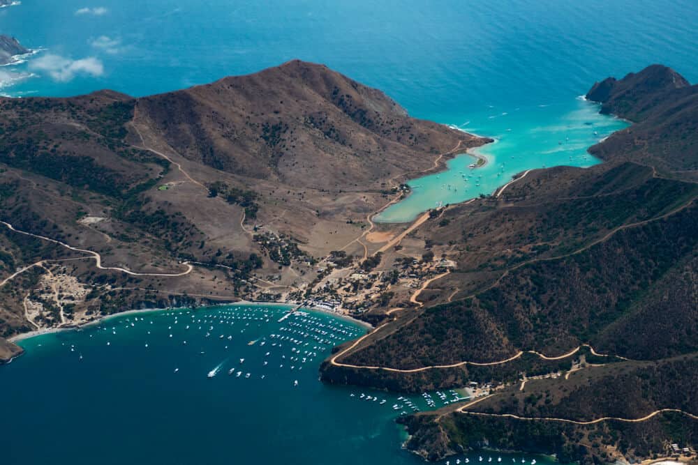 view from above of two harbors in Catalina Island