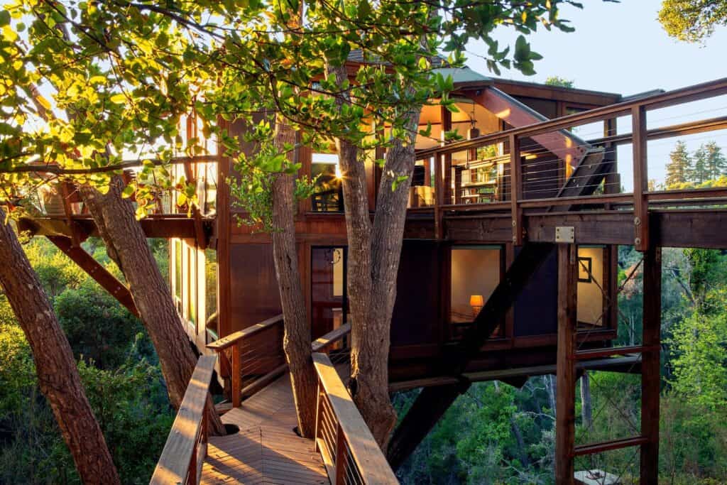 A pathway leading to a modern treehouse in the treetops in Santa Cruz, a beautiful treehouse rental in California