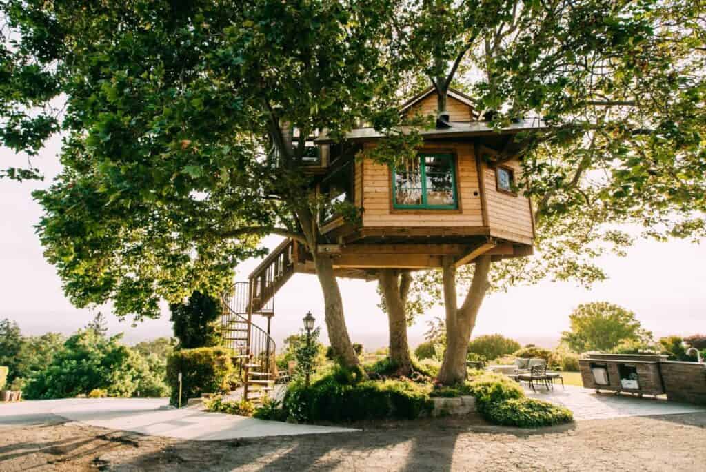 A raised treehouse in an oak-like tree surrounded by a beautiful backyard with a spiral staircase to enter the treehouse rental