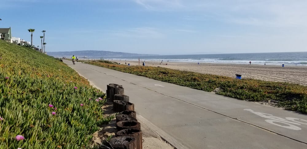 Bike path in Huntington Beach passing by the beautiful beach