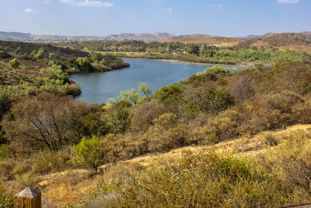 View of a reservoir lake, surrounded by dry yellow grass and green shrubs and trees, on a cloudless sunny day hiking in Orange County.