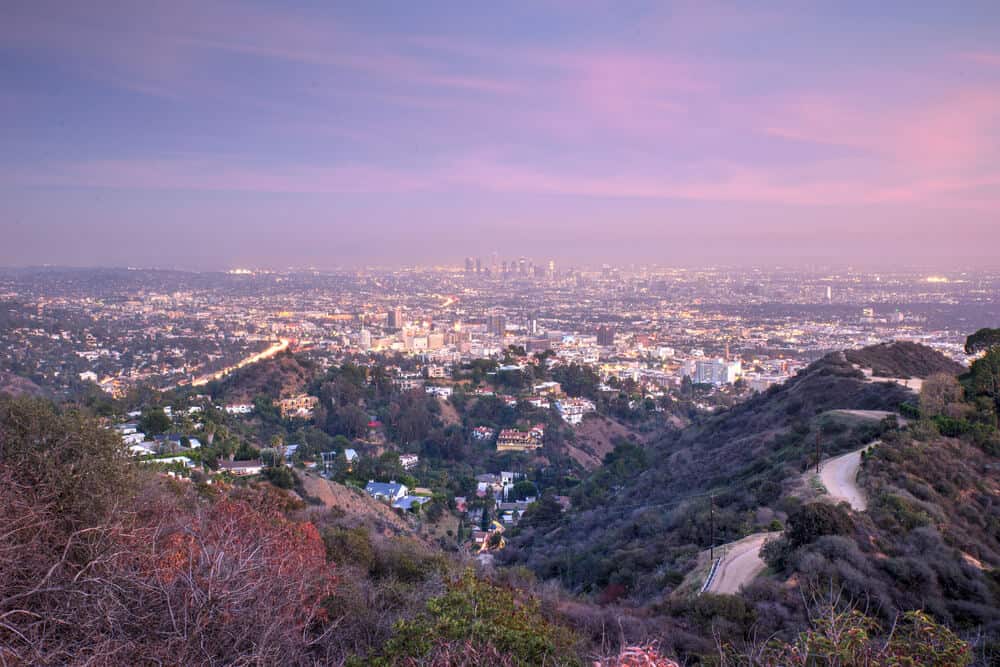 views over runyon canyon and los angeles at sunset