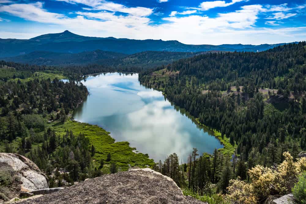 Blue lake visible from Carson Pass reflecting back a cloudy sky and surrounded by trees