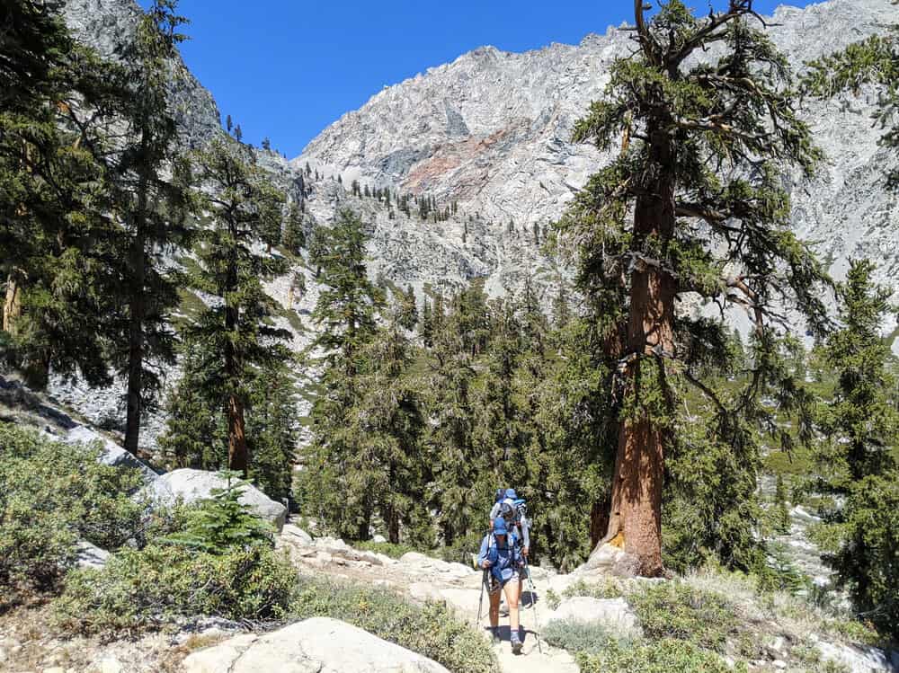 Rae Lakes Loop hiker on the trail near Onion Valley campground walking into the backcountry.