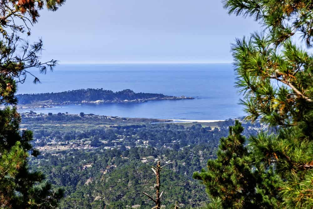 An aerial view of Point Lobos, Carmel Valley, and Carmel by the Sea, from Jack's peak County Park in Monterey County.
