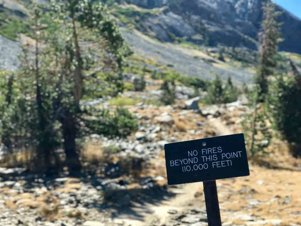 Sign reading "no fires beyond this point (10,000 feet)" with mountain landscape and trees.