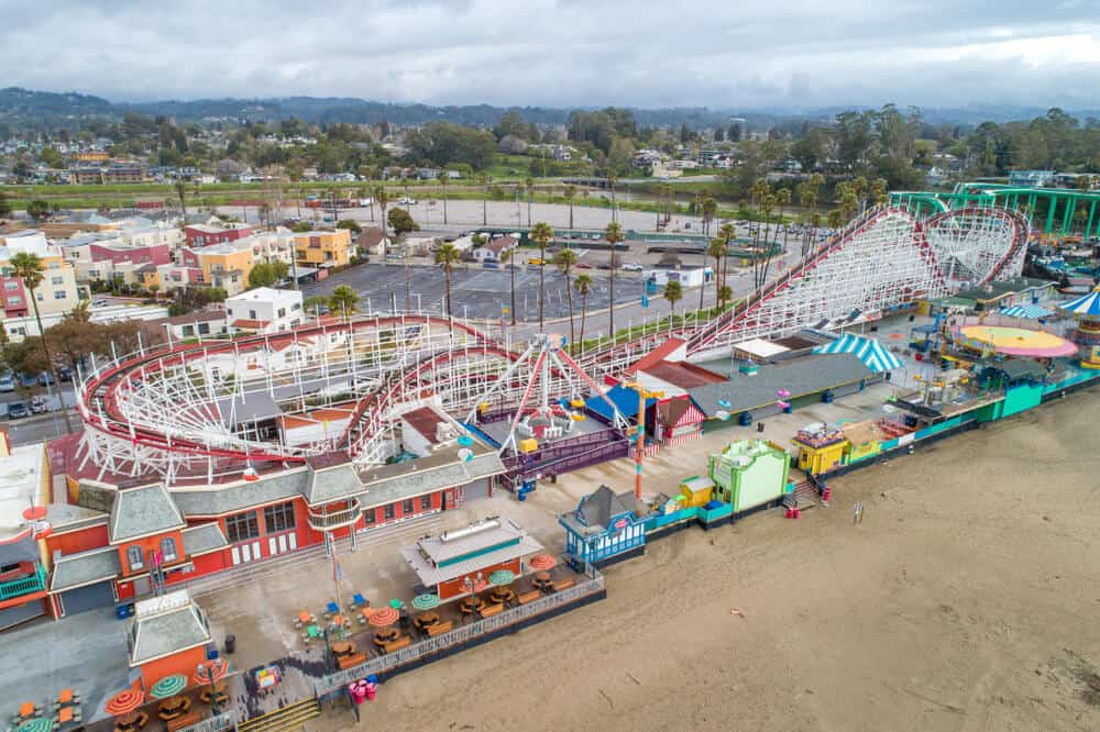 Aerial view of the Santa Cruz beach boardwalk, view of the red and white giant dipper famous roller coaster