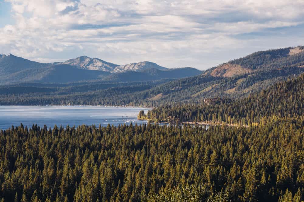 View of Meeks Bay over the evergreens surrounding Lake Tahoe