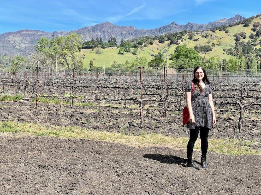 Allison enjoying wine tasting in March in Calistoga California