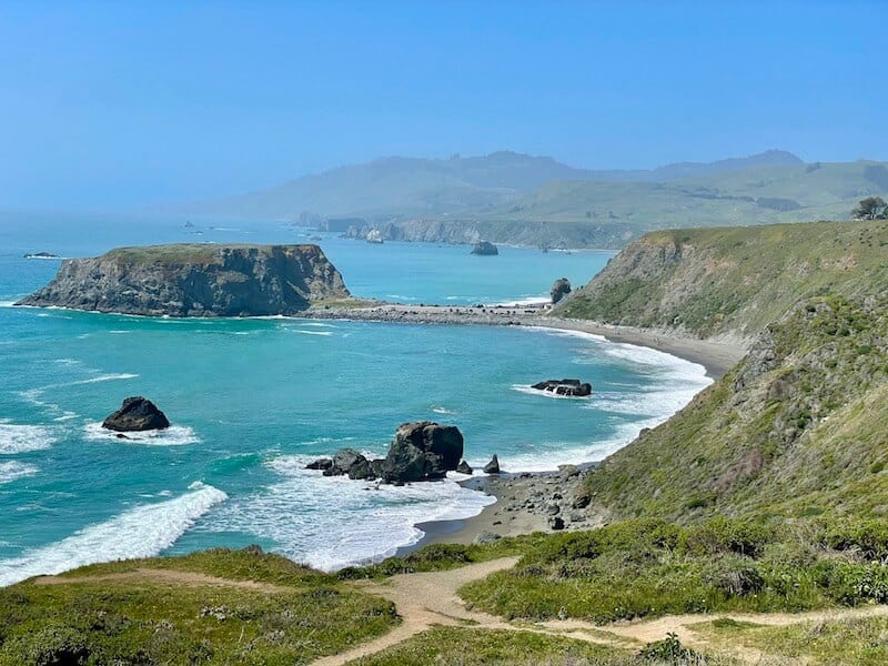 the famous goat rock beach of sonoma county as seen from the start of the kortum trail