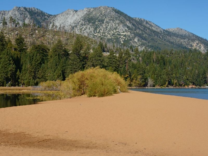 orange-brown sand of baldwin beach in lake tahoe near a meadow and basin or shallow water