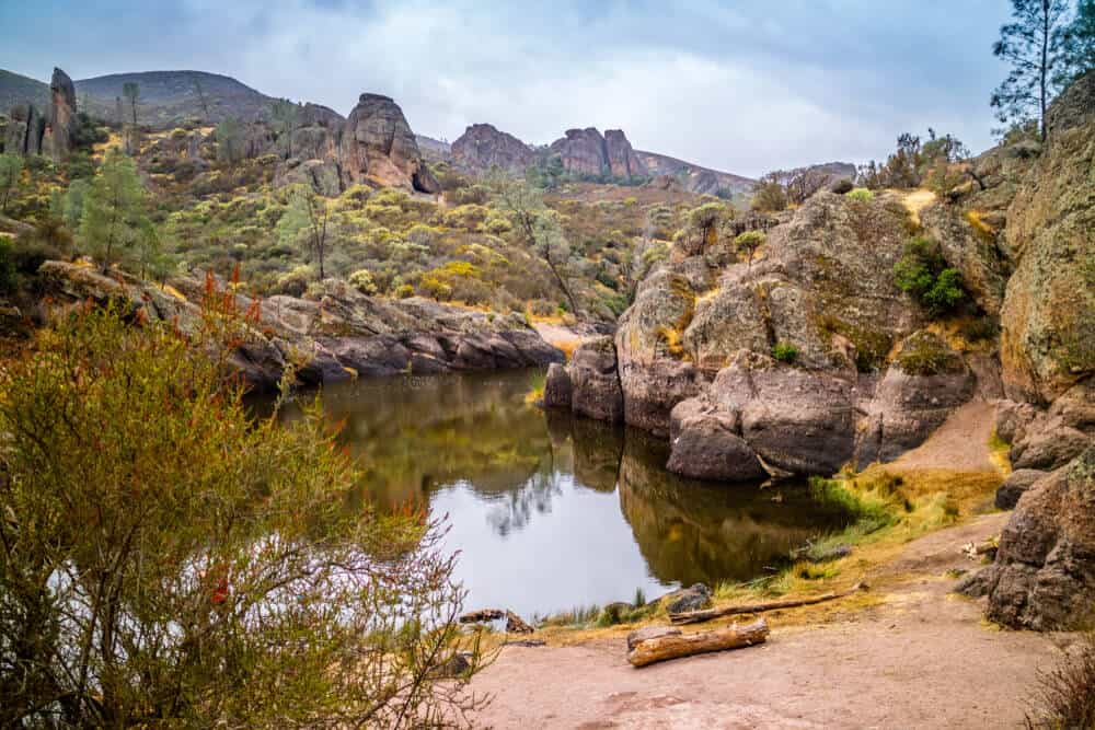 Reservoir with water in a chaparral landscape with yellow and green vegetation against reddish brown rocks of Pinnacles National Park