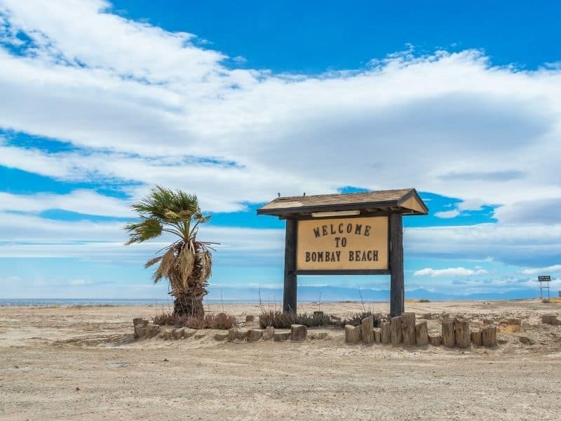 sign that says welcome to bombay beach with a palm date tree next to it