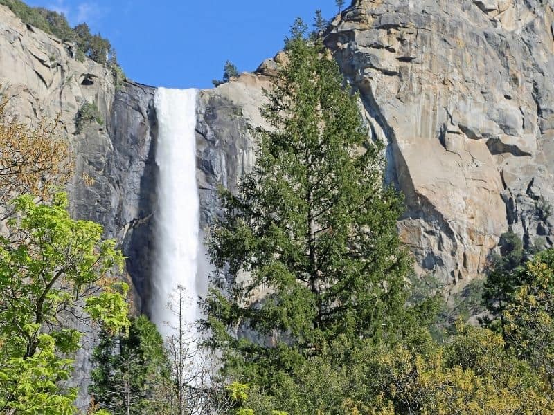 a single drop waterfall cascading over the granite cliff in Yosemite national park on an easy Yosemite valley hike