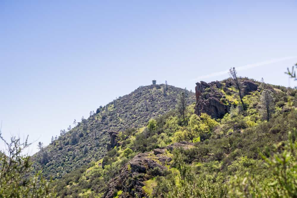 Green covered landscapes of PInnacles National Park, hiking up towards Prewett Point, view of North Chalone Peak in the distance