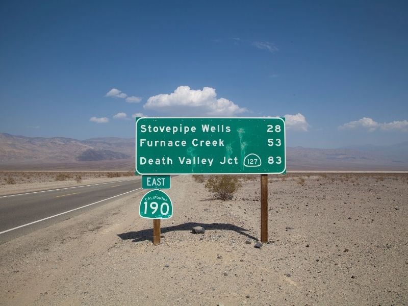 highway sign leading to different death valley landmarks