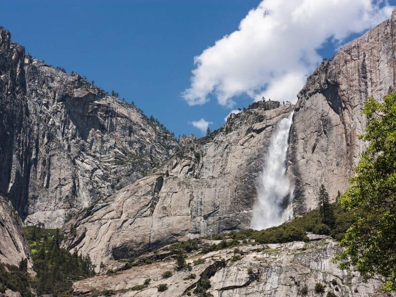 the top tier of the three-tiered yosemite falls waterfall nearing the top of the hike to Yosemite falls, a popular Yosemite valley hike