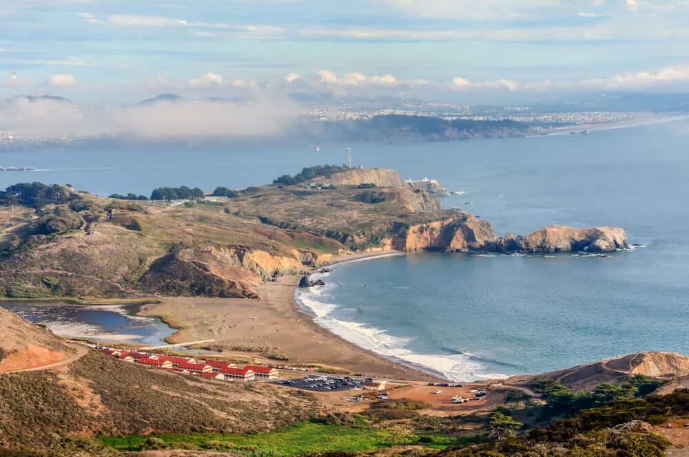 view of rodeo beach from above in the marin headlands