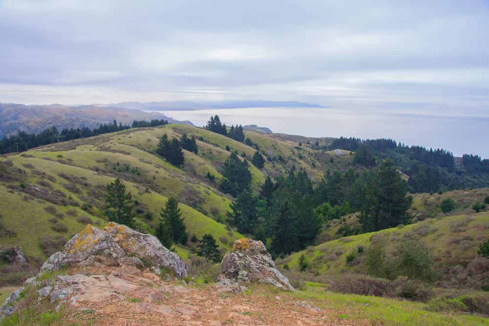 the hills on the trail to dipsea loop with the pacific ocean in the background on a scenic marin county hike