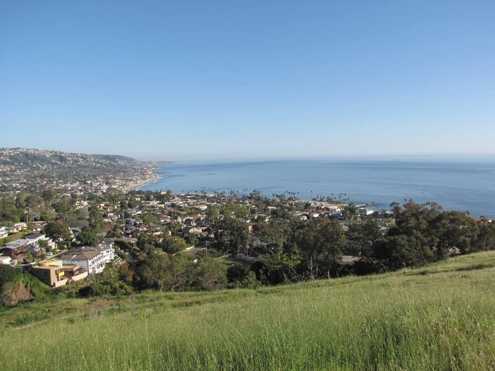 tall grass on a mountain overlooking houses and water hiking in laguna beach california