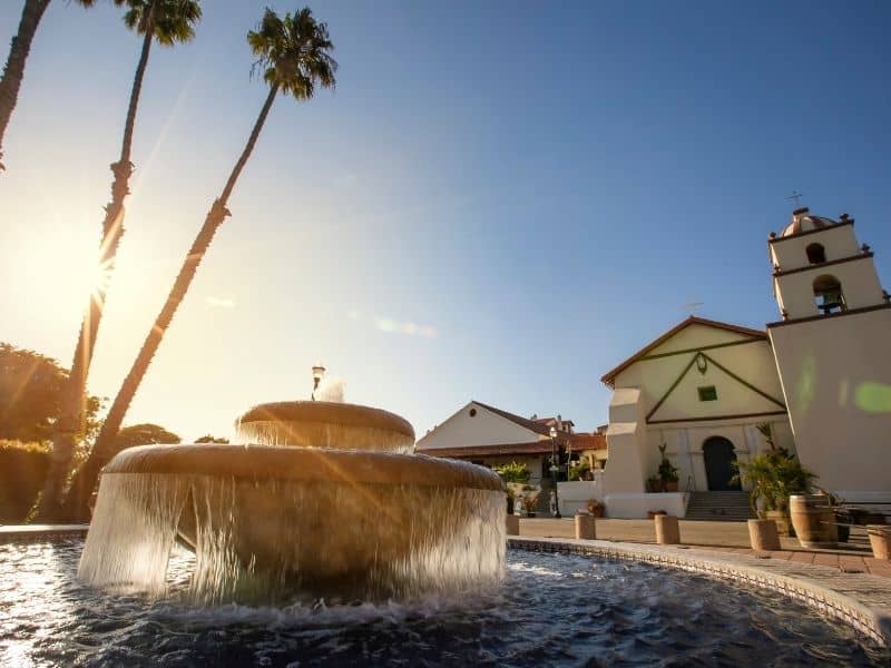 a fountain in front of the ventura mission in this cute California coast town