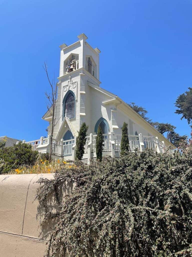 An ornate and pretty Catholic Church in the town of Tomales