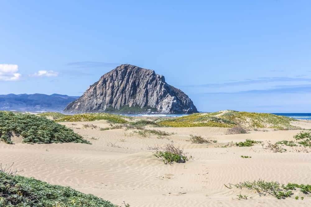 Sand dunes & majestic Morro Rock over looking the Pacific Ocean, next to Morro Strand state beach, on the California Central Coast, near Cambria, CA.